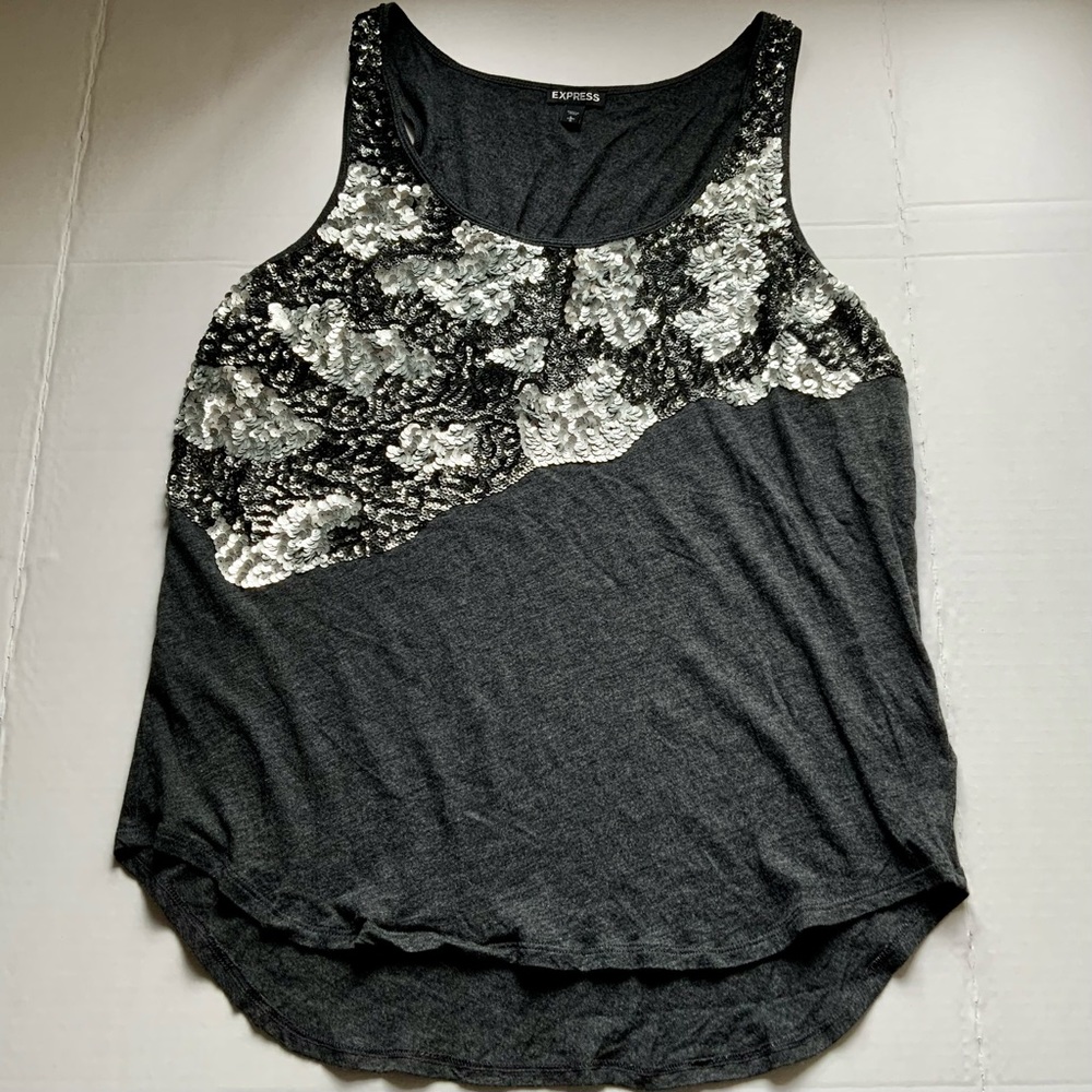 Express Delicate Sequin Detail Tank, Size L, Dance Party, Silver Sequin, Modern